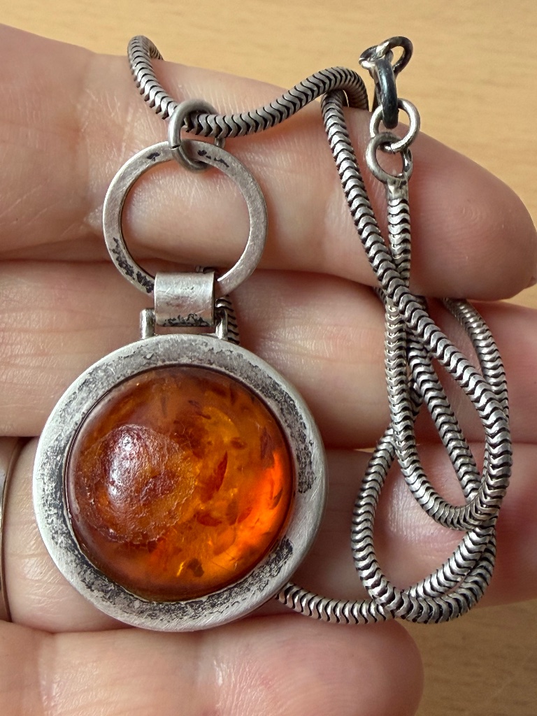 Vintage 835 Silver Round Amber Cabochon Pendant Snake Chain Necklace As Is Cond